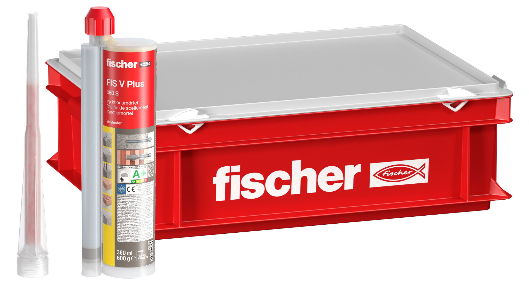 Fischer FIS V Plus 360 S HWK K 10 flakon injektáló ragasztó, 360 ml + 20 db FIS MR Plus keverőszár műanyag dobozban termék fő termékképe