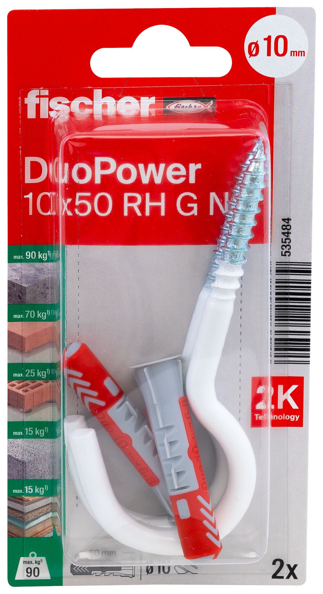Fischer DuoPower kétkomponensű nylon dübel 10 x 50 RH G N - körkampóval, nylon bevonattal, bliszteres, 2 db/csomag termék fő termékképe